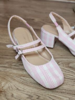 Madden Girl Doll Block Heel Slingback Pink White Woven Pattern Mary Jane Shoes